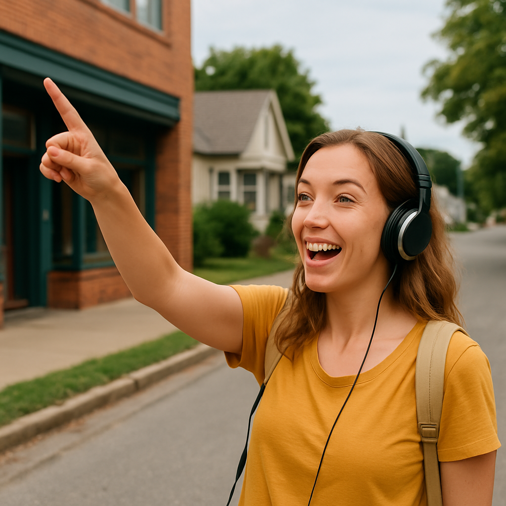 A woman wearing headphones walks outside and points at her surroundings.