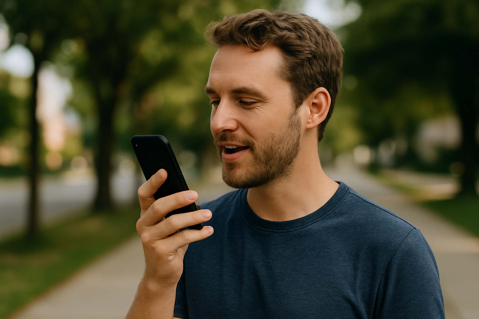 A man standing outside recording an audio clip on his smartphone.