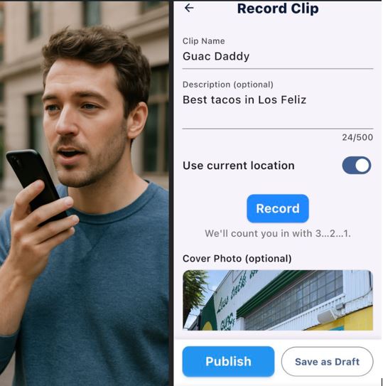 Man standing outside recording an audio clip on his phone, pictured alongside a screenshot the 'Record Clip' page of the Thought GPS mobile app interface.